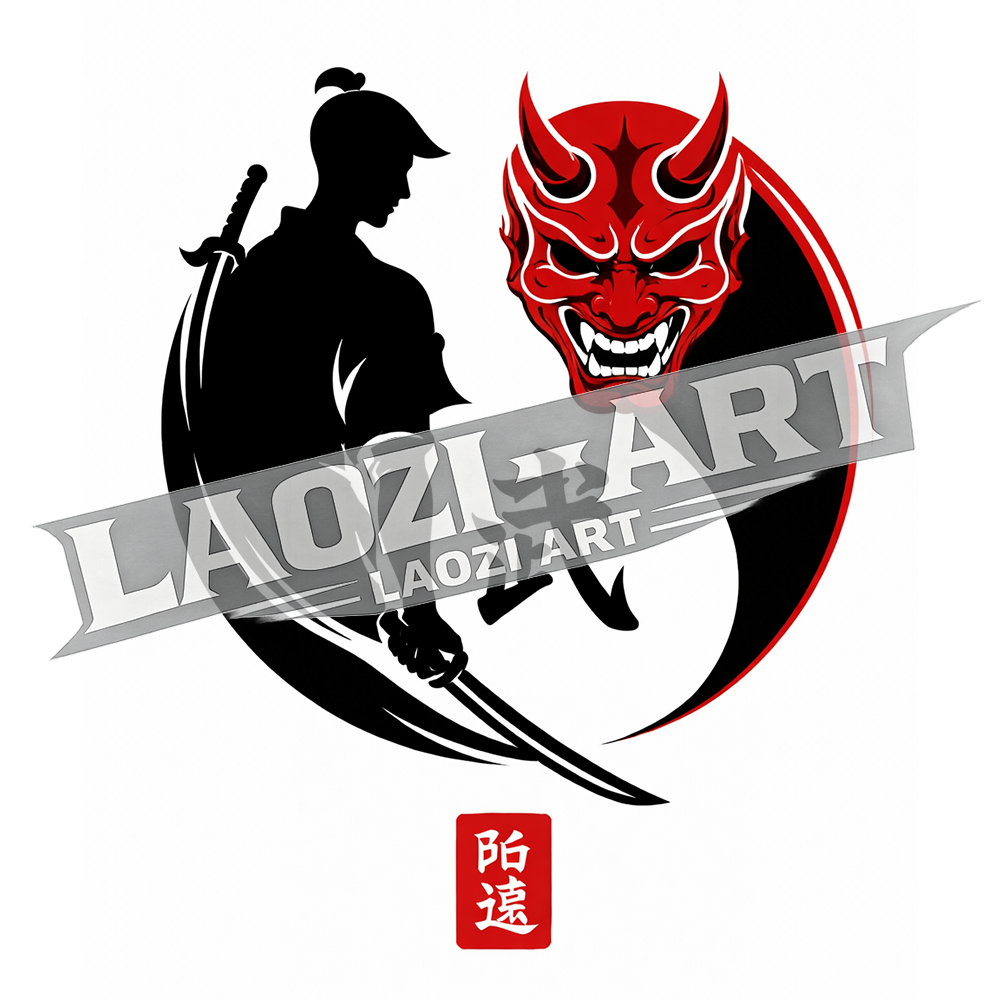 Yin Yang Samurai Oni Tattoo Design, Japanese Duality Art, PNG Download